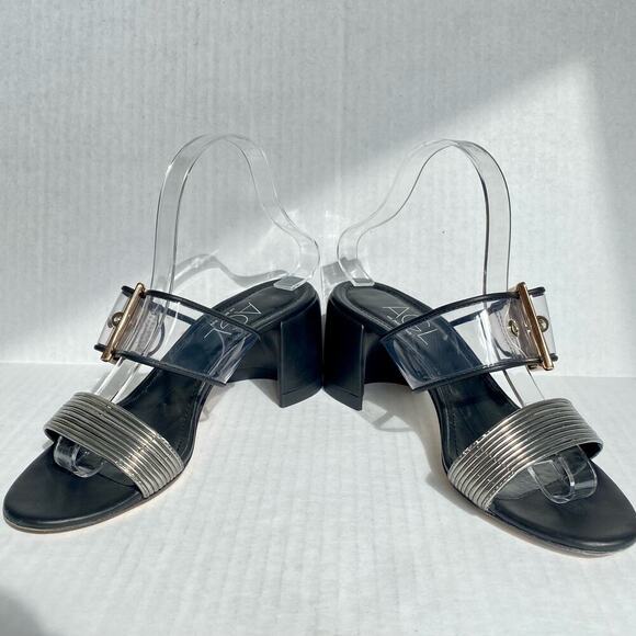 AGL Heels Mila Sandals Clear Strap Leather Black Silver Metallic Block Heel 7 37 - Picture 7 of 10